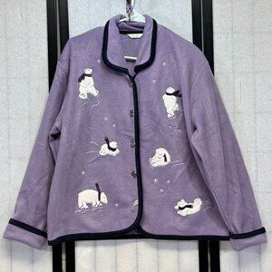 Christopher & Banks Purple Polar Bear Embroidered Button Up L Fleece Jacket NWT